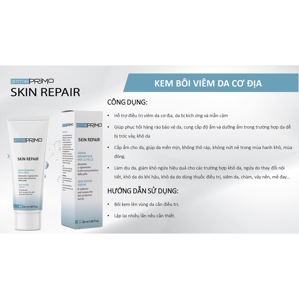 Kem Bôi Viêm Da Cơ Địa, Chàm Da, Eczema, Da Nứt Nẻ DottorPrimo Skin Repair - Giảm Mẩn Ngứa, Thô Ráp (Tuýp 20-50ml)