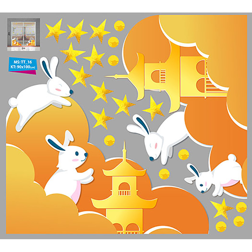 Decal trang trí trung thu 2021 chân tường thỏ trắng vui đùa
