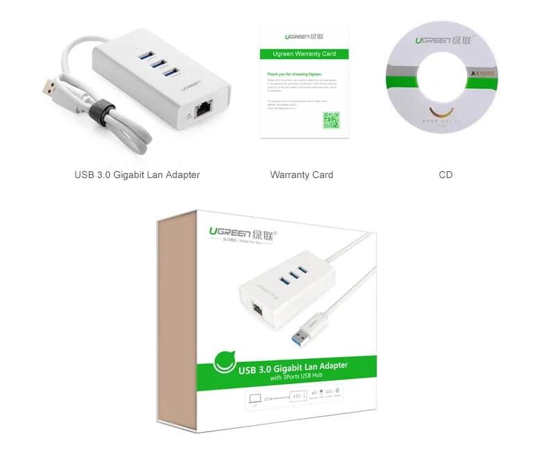 Ugreen UG20260CR102TK 50CM màu Trắng HUB chuyển đổi USB 3.0 sang 3 USB 3.0 + LAN tốc độ 100Mbps - HÀNG CHÍNH HÃNG