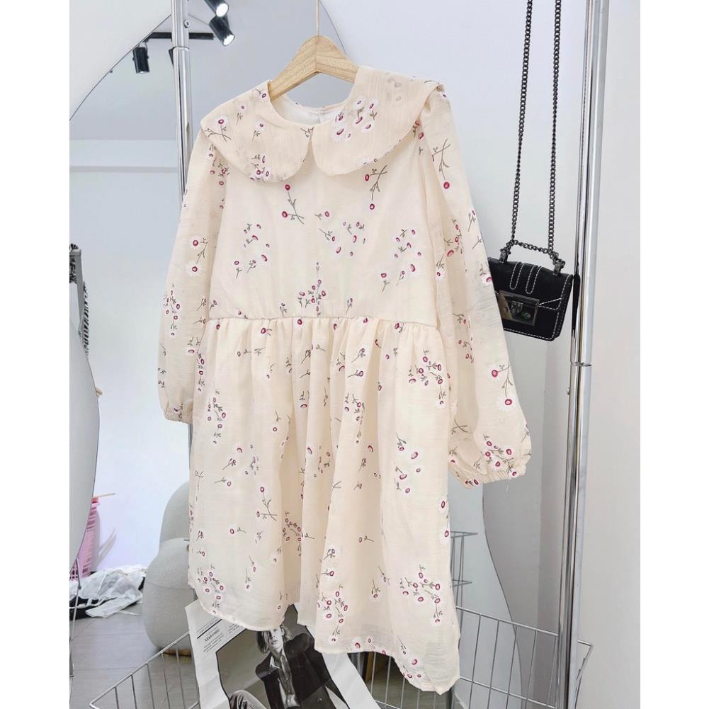 Đầm babydoll hoa cổ sen tay bo chun