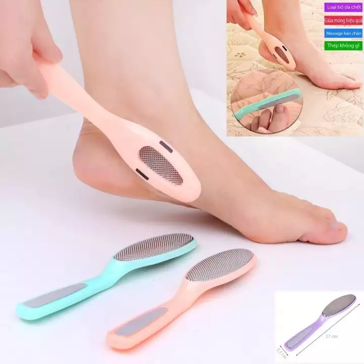 Cây chà gót chân tẩy da chết bằng thép 2 trong 1 mặt kim loại tặng Miếng lót silicon bảo vệ chân giúp chân hồng hào