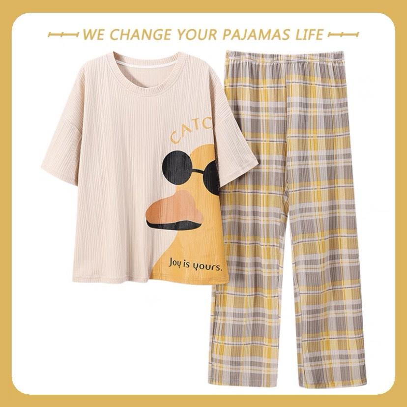 Bộ Cotton Tay Ngắn, Bộ Cotton Áo Cộc Quần Dài Cổ Tròn