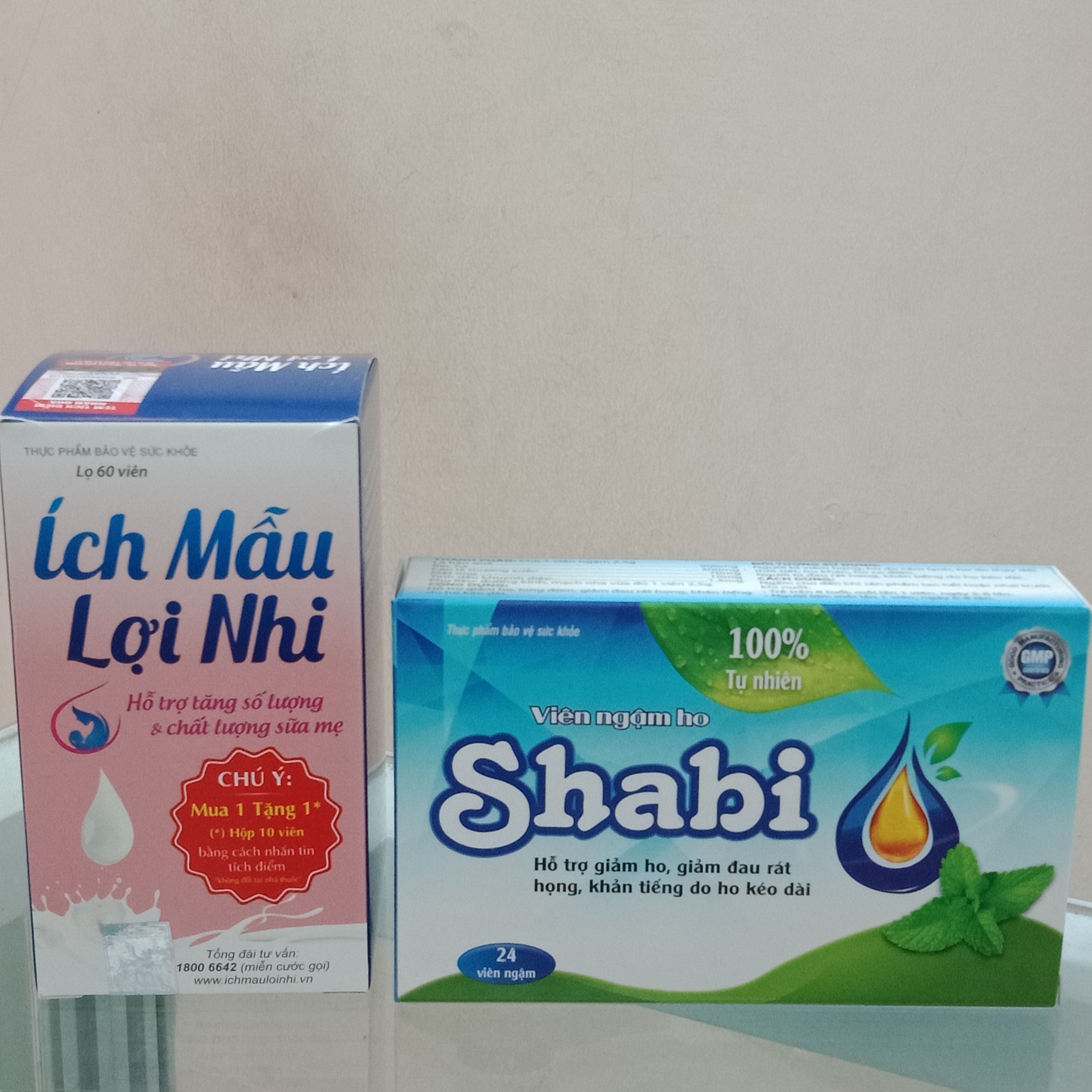 Viên nén Ích Mẫu Lợi Nhi- giúp mẹ nhiều sữa, nâng cao số lượng và chất lượng sữa mẹ giúp con bú khỏe, tăng cường sức khỏe sau sinh -lọ 60 viên  và viên ngậm ho Shabi giảm đau rát họng