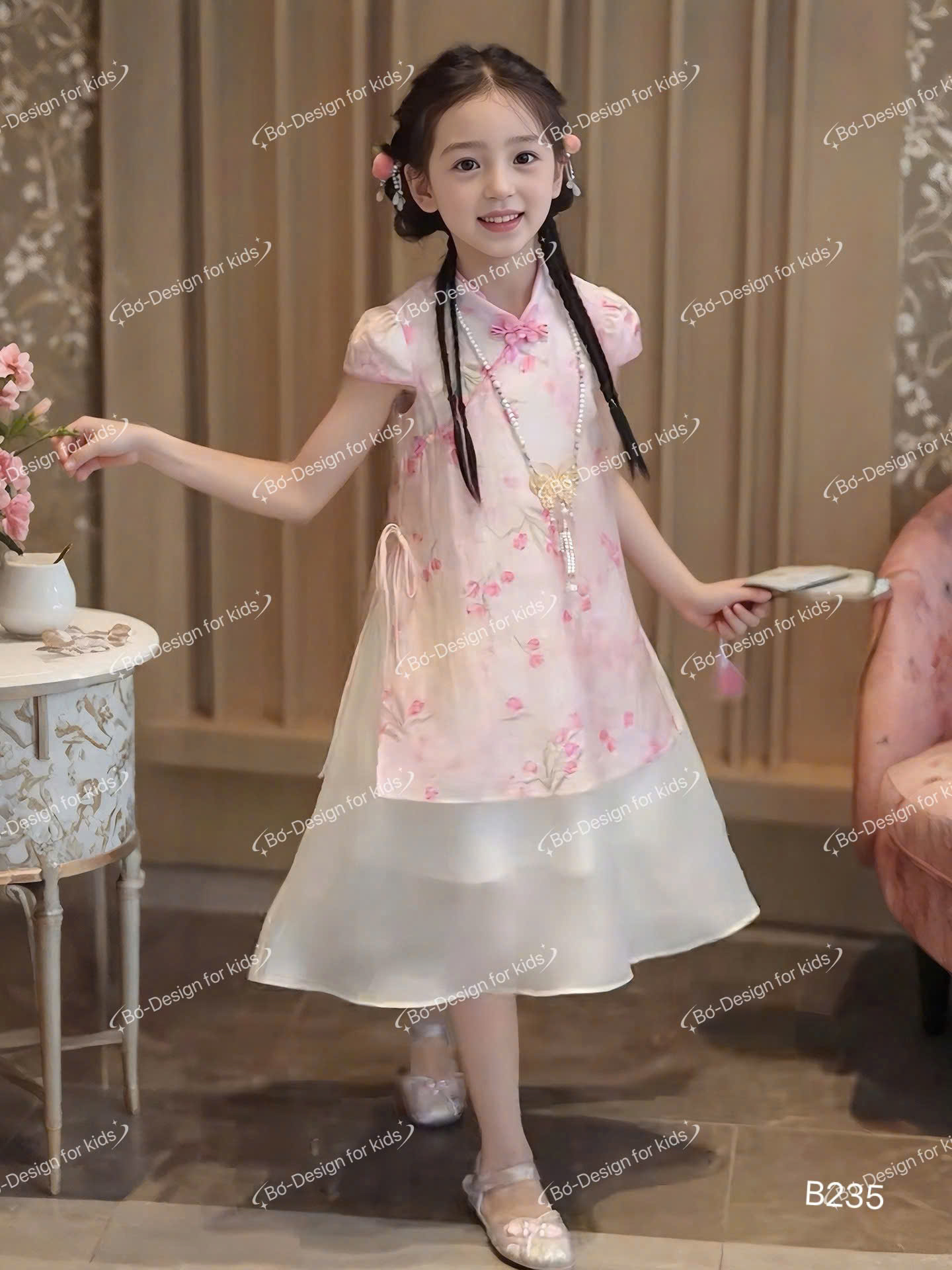 Áo dài sườn xám tết cho bé gái mẫu Hoa mùa xuân xinh xắn từ 12-46kg hàng thiết kế cao cấp