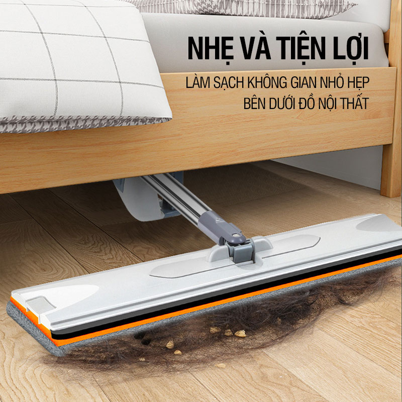 Cây lau nhà tự vắt Kitimop-XPRO bàn lau lớn 42cm, con lăn trợ lực, thanh thép không gỉ, khớp xoay 360 độ, 2 bông lau