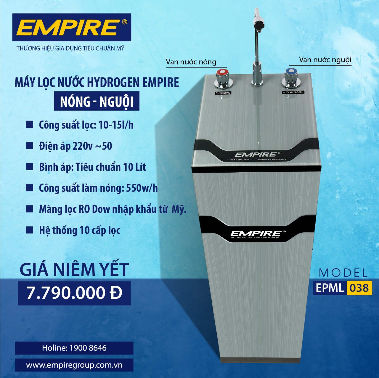 Máy lọc nước EMPIRE Hydrogen 2 chức năng Nóng - Nguội Model EPML038 - Hàng chính hãng.