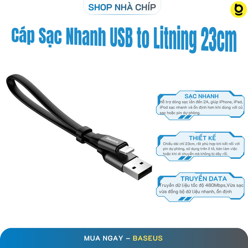 Cáp sạc ngắn cho iPhoneiPadiPod Baseus Nimble 2A 23cm