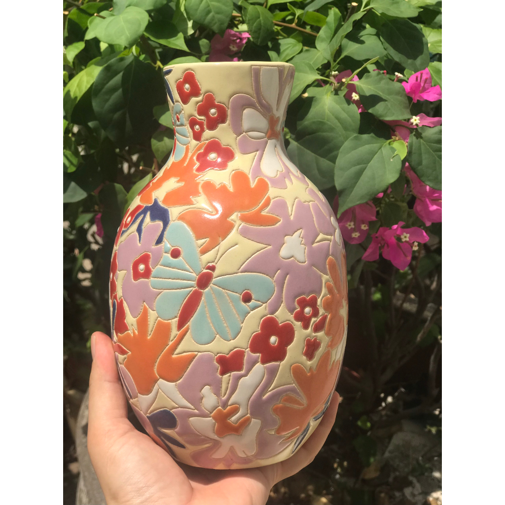 BÌNH BÔNG BÁCH HOA GỐM SỨ THỦ CÔNG NAM BỘ TD1 23CM CẮM HOA TRANG TRÍ DECOR
