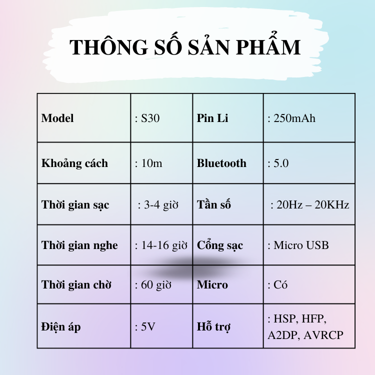 Tai Nghe Bluetooth Móc Tai S30 - Bluetooth 5.0 Tiết Kiệm Pin, Pin Dùng Được Đến 16 Giờ - Nút Tai Cao Su Mềm Không Đau Tai