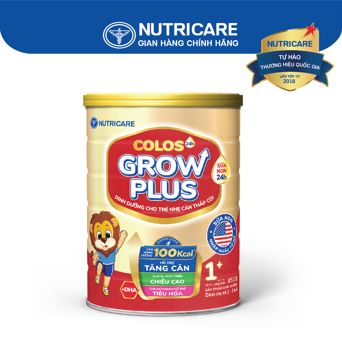 [Tặng 2 lọ yến] Sữa bột Nutricare Colos 24h Grow Plus 1+ giúp trẻ phát triển toàn diện 850g