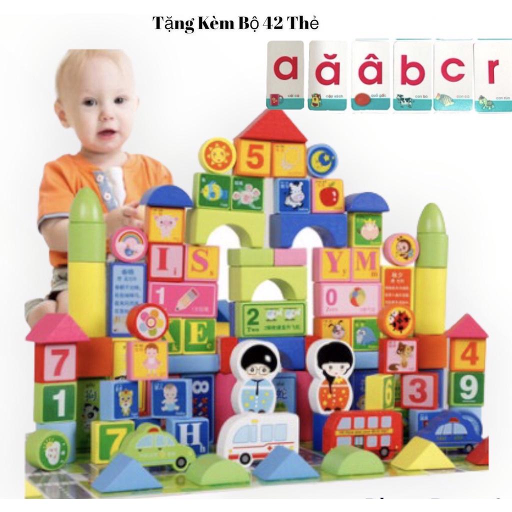 Đồ Chơi Xếp Hình Khối Bằng Gỗ 100 Chi Tiết: Chữ Cái,Số Đếm,Con Vật và Phương Tiện Giao Thông