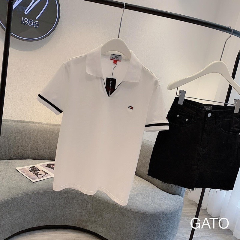 Áo thun nữ polo cổ V phối màu vải cá sấu mền mát, áo phông nữ cộc tay lỡ cổ bẻ cá tính