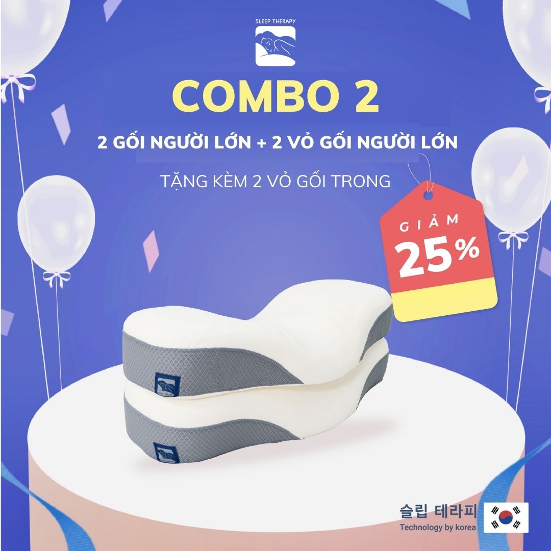 COMBO 2 Gối Sleep Therapy giảm đau vai gáy người lớn + 2 vỏ gối ngoài + 2 vỏ gối trong - Màu ngẫu nhiên