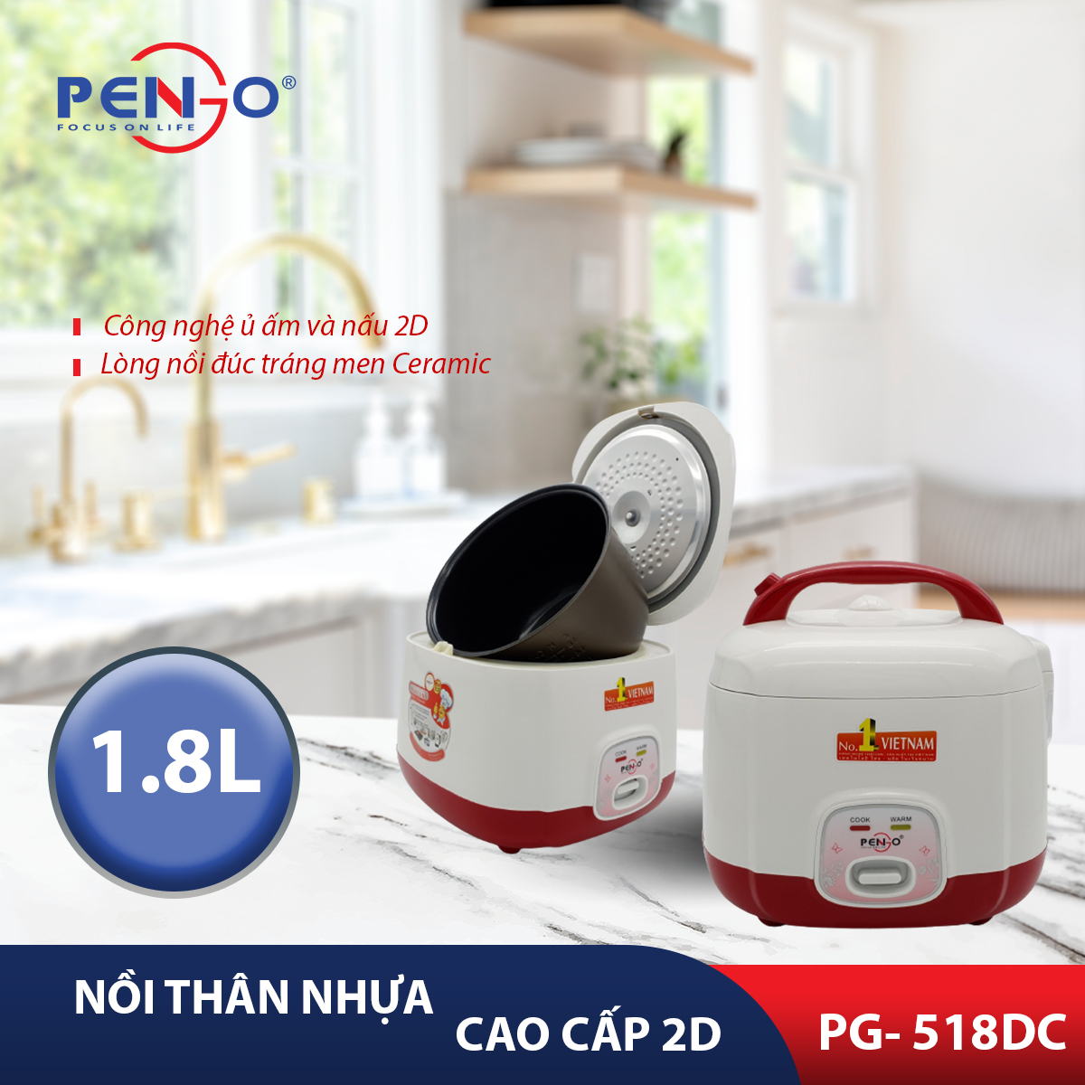 Nồi cơm điện thân nhựa 1.8L Pengo PG-518DC hàng chính hãng