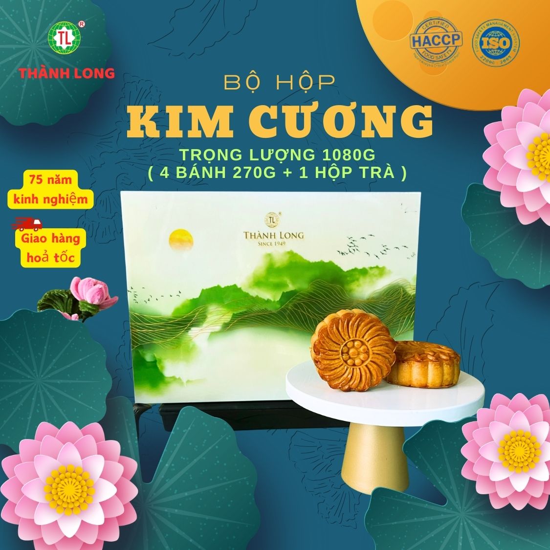 Bộ hộp Bánh trung thu Kim Cương 4 bánh 2 trứng 270g -Thành Long - 1080g - tặng 1 hộp trà - VIỆT NAM