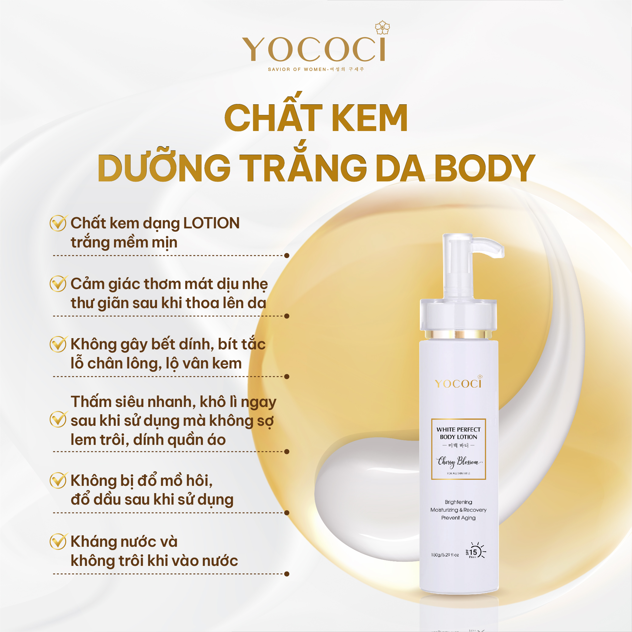 Kem dưỡng trắng Yococi nâng tone, makeup da, kháng nước White Perfect Body Lotion 150g