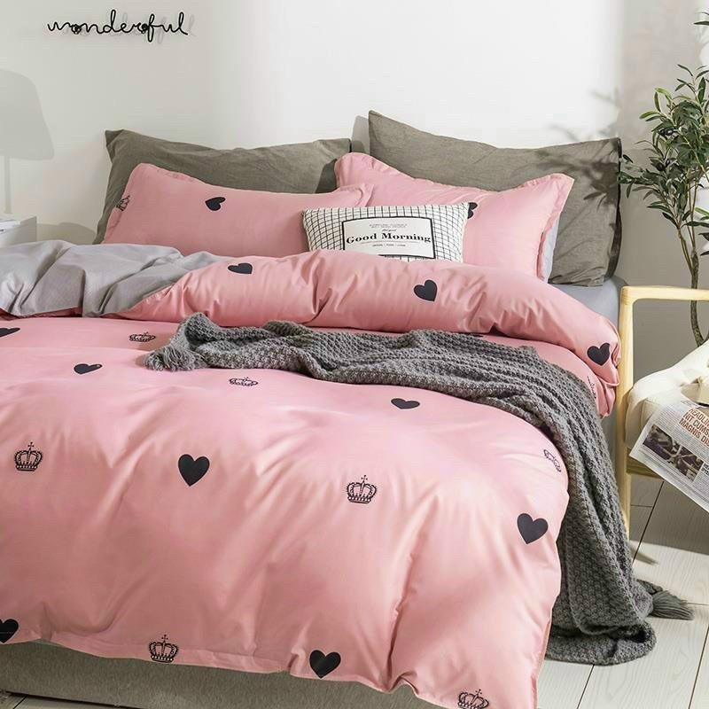 Bộ chăn ga gối Cotton poly M2T Bedding Tim vương miện, vỏ chăn mền, drap nệm và 2 vỏ gối
