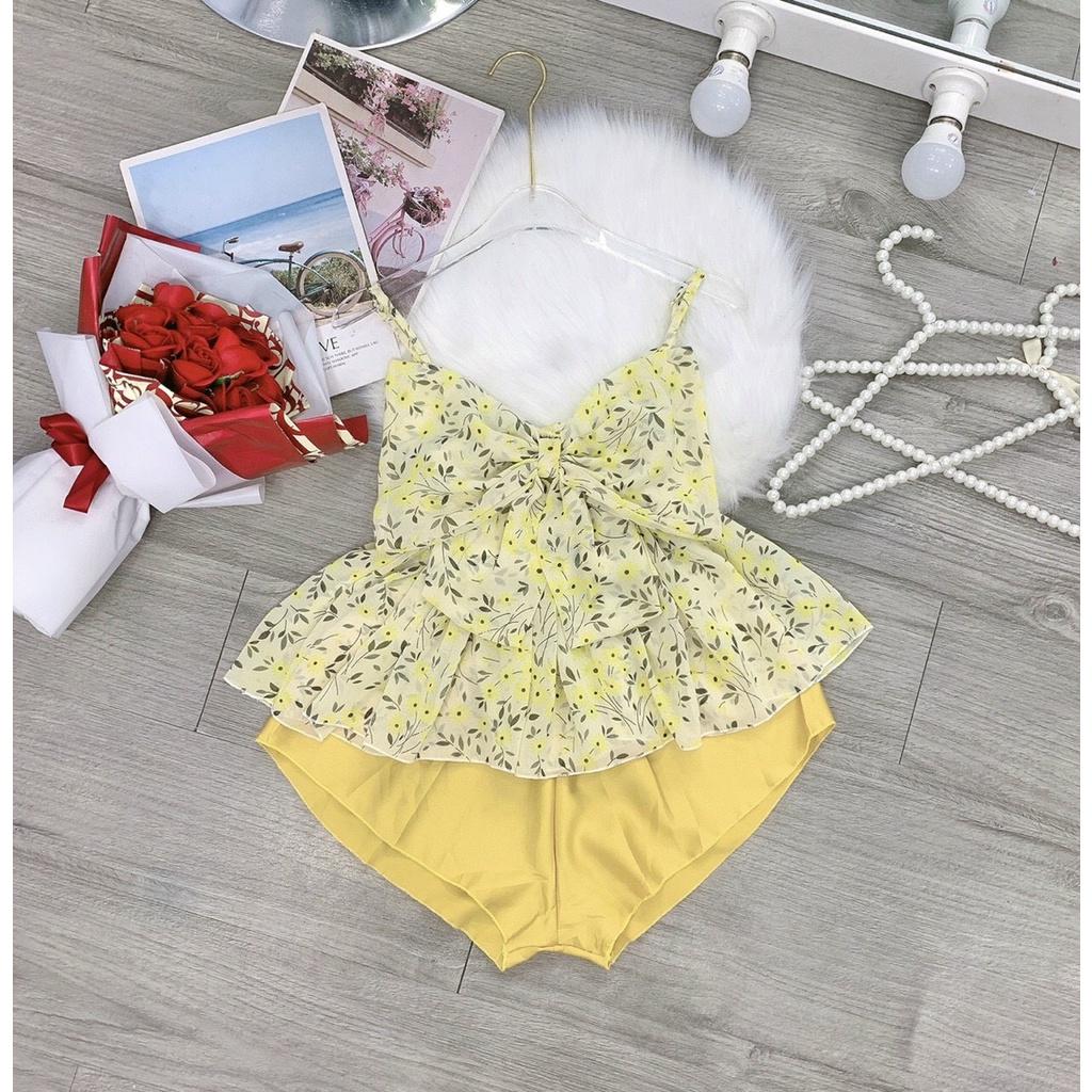 SET BỘ ĐỒ NGỦ ÁO VOAN 2 DÂY MIX QUẦN ĐÙI CỰC SEXY CHO CÁC NÀNG IU - Gold