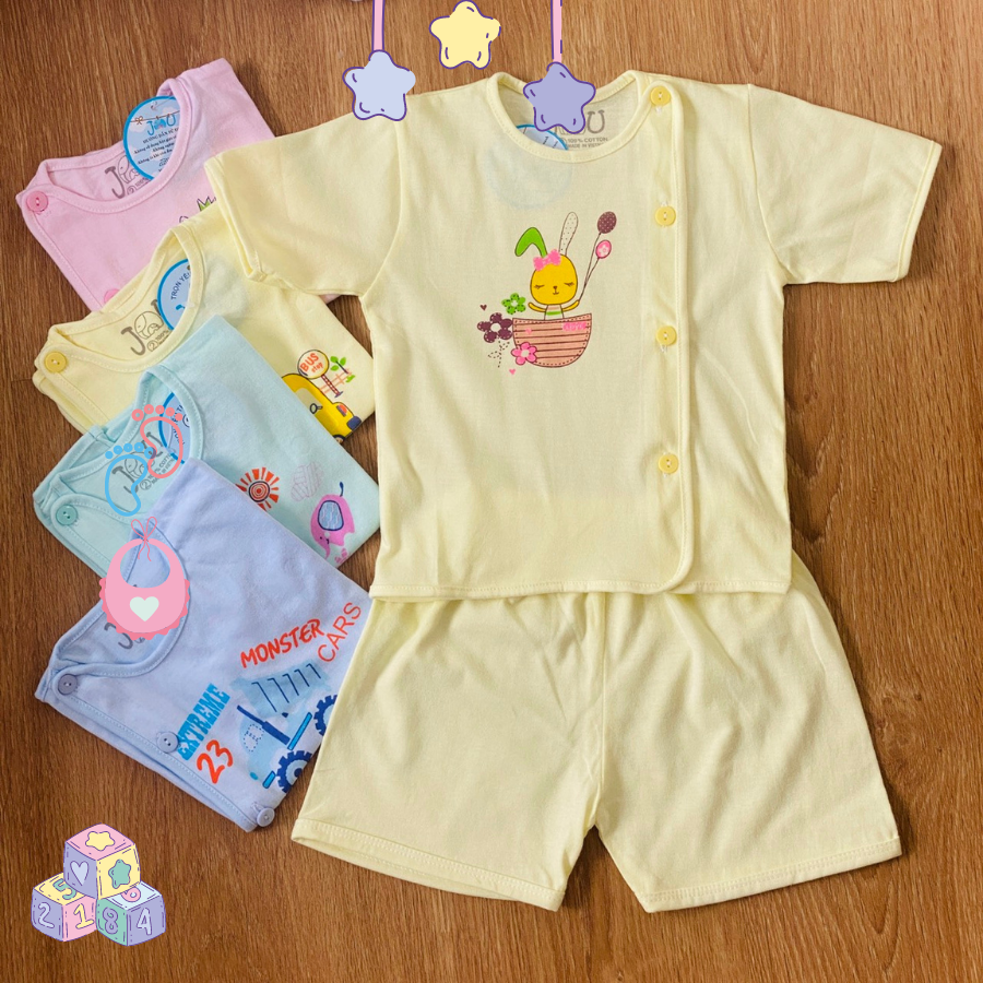 COMBO 3 Bộ quần áo sơ sinh cotton J-FR GGY | Mẫu Tay NGẮN Cài Lệch Màu Nhạt | Size 1 -3 cho bé sơ sinh -9 kg