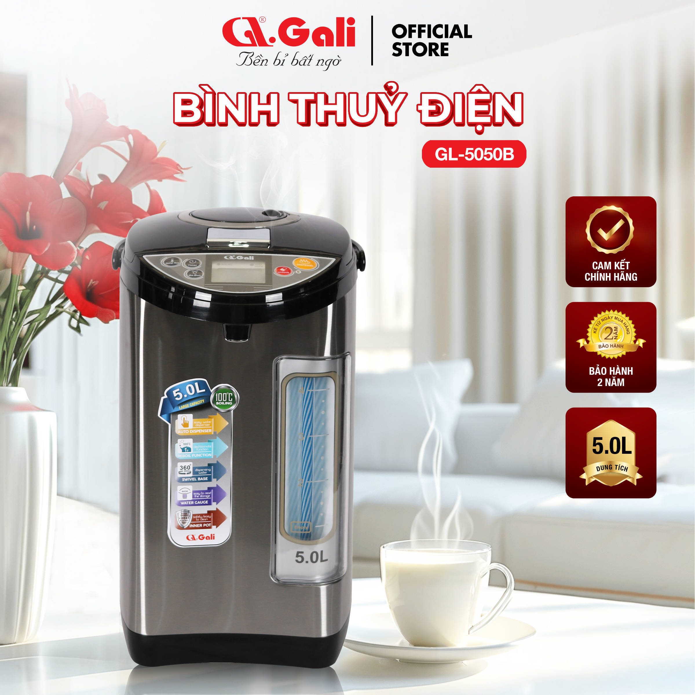Bình Thuỷ Điện Gali GL-5050B Dung tích 5L nhỏ gọn, Thân bằng nhựa nguyên sinh cao cấp, lòng trong bằng Inox 304 dày chất lượng. Hàng chính hãng chất lượng cao bảo hành 24 tháng.