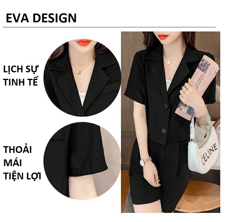 Set đồ nữ bao gồm áo khoác vest 1 lớp nữ ngắn dáng croptop và quần short lưng chun ống rộng thoải mái form cực đẹp cá tính sang chảnh đi chơi dạo phố vào mùa hè màu đen chất tuyết mưa cao cấp