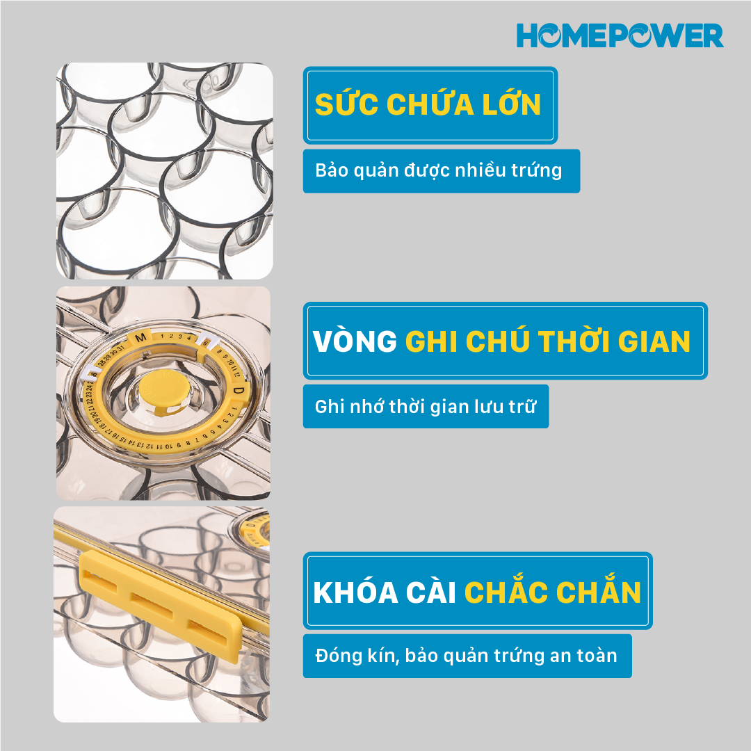 Hộp đựng trứng, khay trứng, hộp bảo quản thực phẩm tủ lạnh Homepower cao cấp, trên nắp đậy có phần ghi chú thời gian bảo quản tiện lợi