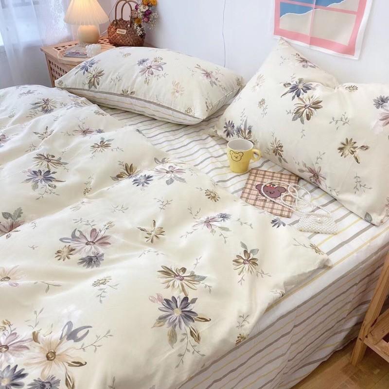 Set Ga Gối Cotton Living 100%cotton Hàng Nhập Khẩu Cao Cấp 4 Món Hoa Trắng Vintage