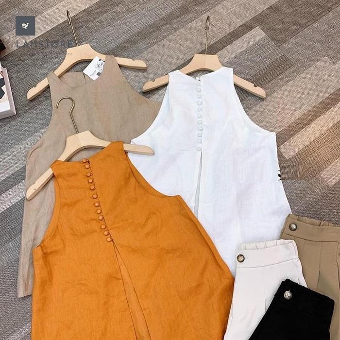Bộ linen nữ sát nách LAHSTORE dáng yếm nút xẻ sau năng động