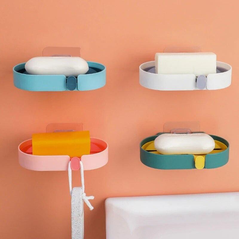 Household Drain Racks Tray Soap Holder Plastic Box Home Accessories Wall Shelf Double Soap Storage Rack Bathroom Storage Hooks