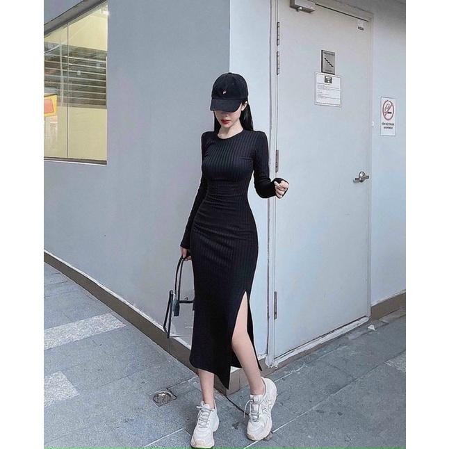 Đầm body cổ tròn xẻ tà tay dài