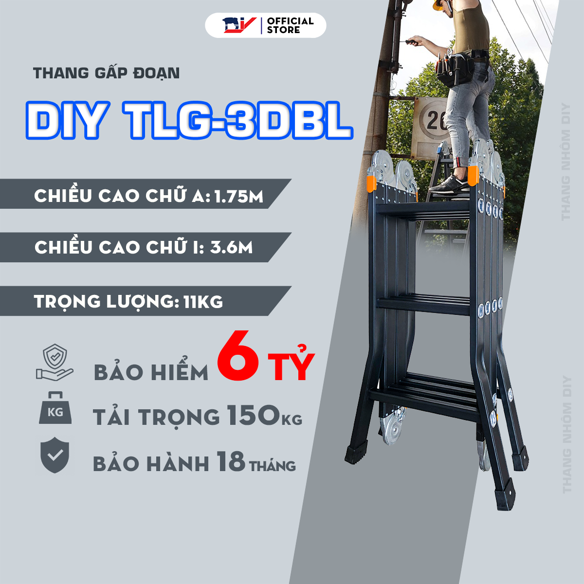 Thang nhôm gấp 4 đoạn DIY TLG-3D BL màu đen, chiều cao chữ A 1.8m, chữ I 3.7m