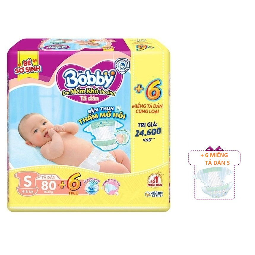 Tã Dán Bobby Điệm Thun Thấm Mồ Hôi S80 (80 Miếng) + 6 Miếng Tã Dán Size S