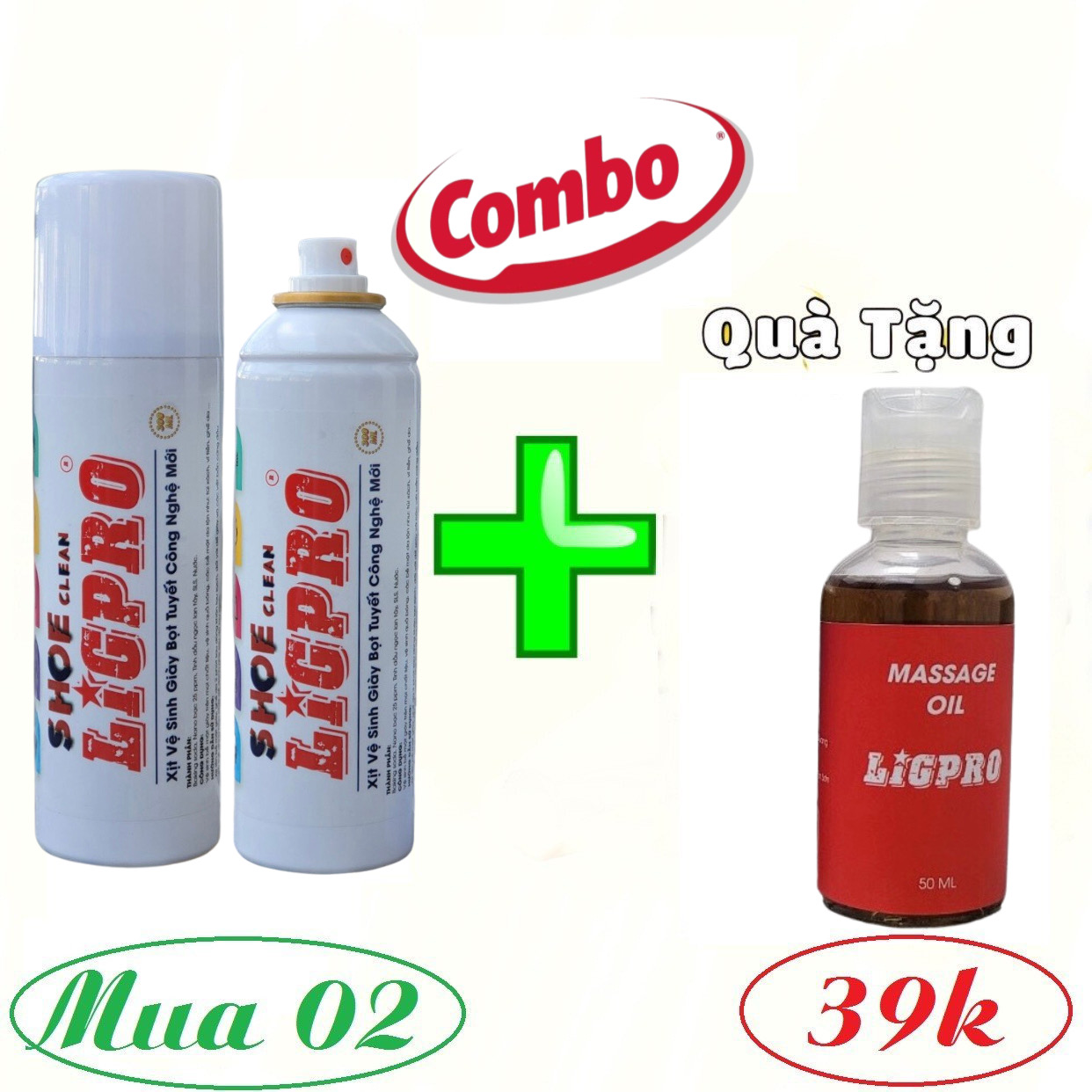 Combo: 2 chai xịt bọt vệ sinh giày Ligpro 300ml, tặng 1 chai dầu massa cao cấp