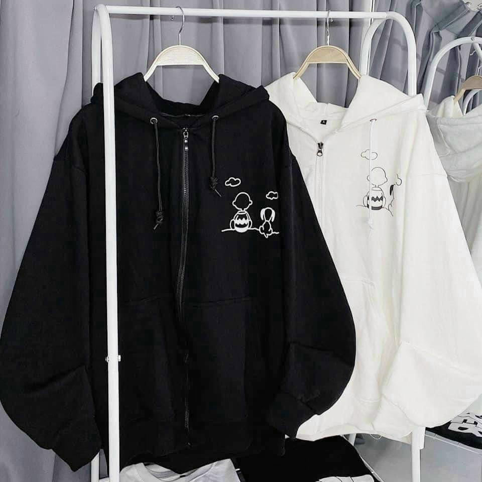 Áo khoác nam nữ Hoodie nỉ trơn Basic in 5D form rộng tay bồng khóa kéo có mũ Ulzzang couple màu đen, trắng, Áo hoodie zip nữ tay phồng chú chó và con người,áo thu đông nữ chất nỉ ngoại dày mịn mũ 2 lớp