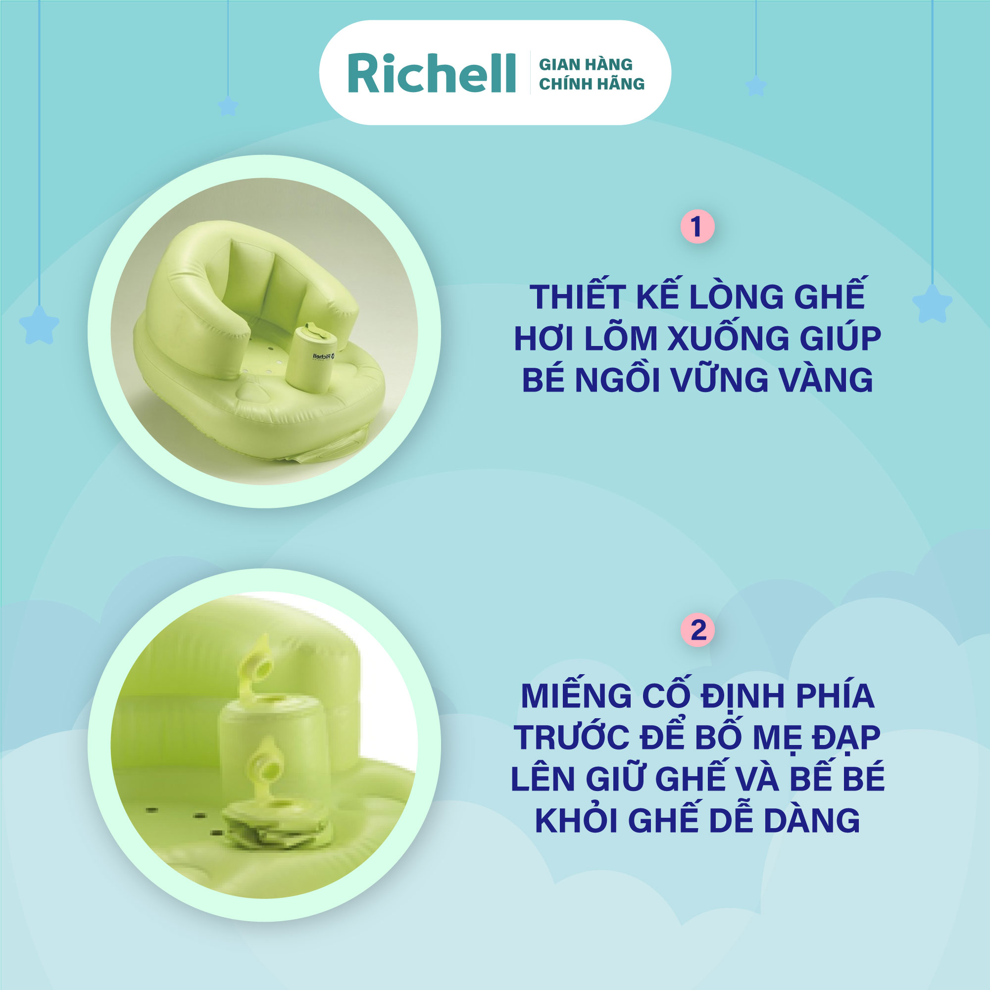 Ghế hơi tập ngồi Richell Nhật Bản cho bé từ 7 tháng tuổi không cần dụng cụ bơm | Baby