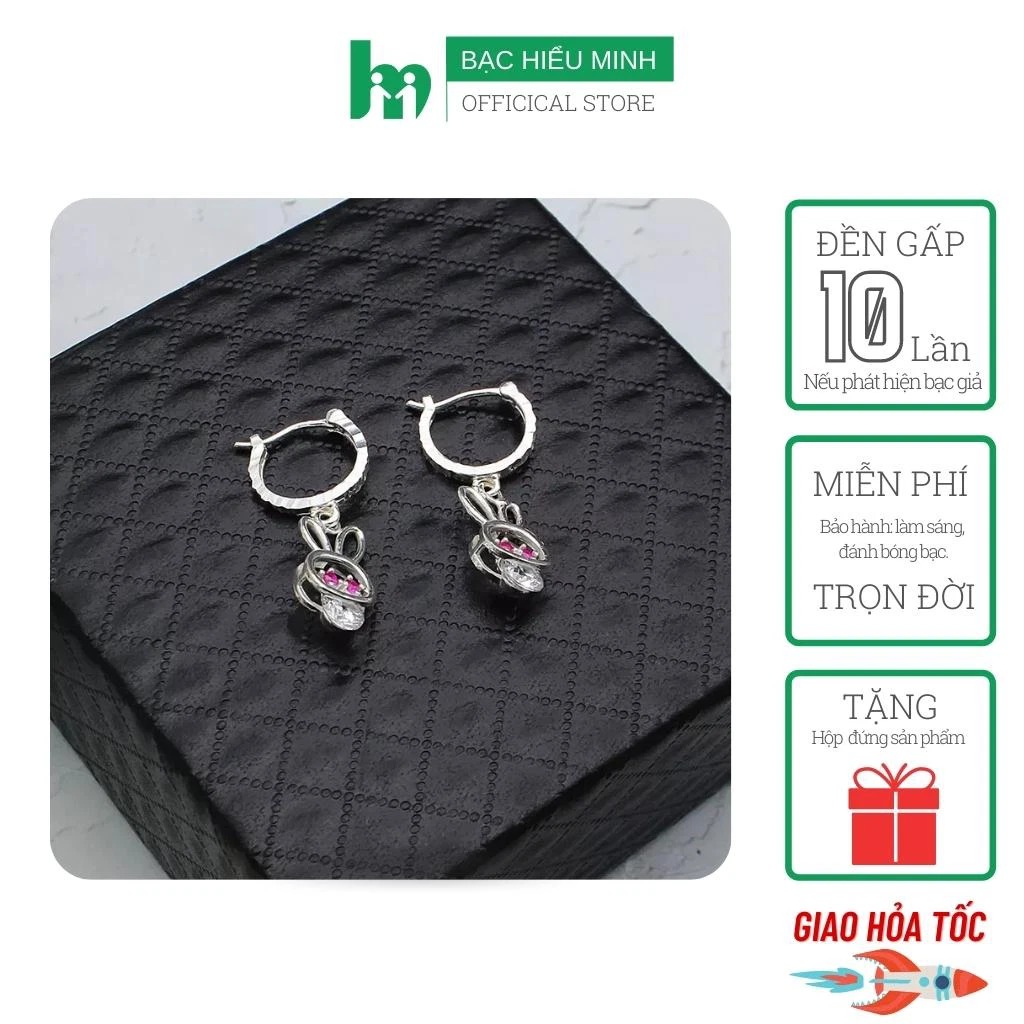 Hoa Tai Trẻ Em  - Thỏ Xinh Đính Đá - Bạc Hiểu Minh HTE007 - Bảo Hành Vĩnh Viễn ( Hàng Chính Hãng )