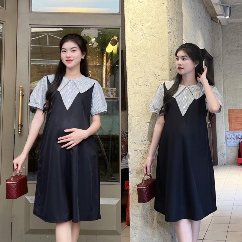 Đầm Yếm Bầu Công Sở Xinh Thiết Kế Dáng Suông Cổ Sen Phối Nút Chất Cotton Lạnh Mát Mẻ, Trẻ Trung - Xanh đen