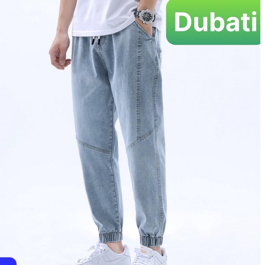 Quần Jeans Nam Xanh Trơn Túm Gấu Ống Suông Co Giãn Tốt, Quần Baggy Nam Unisex- DB 57- DUBATI FASHION