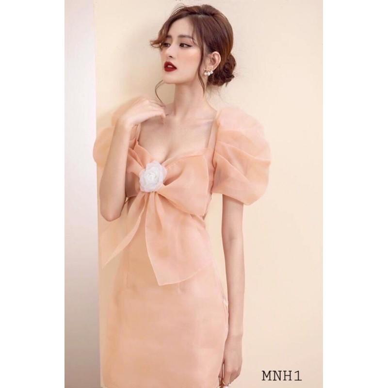Đầm suông Organza hoa nơ ngực tay phồng dự tiệc đi chơi dễ thương kèm hoa cài - MN67 - Đầm Váy Mina