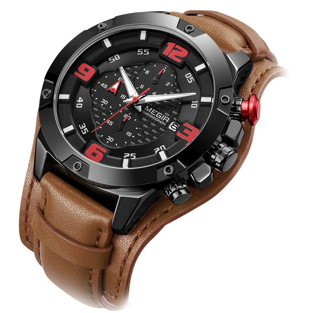 Đồng hồ nam MEGIR 2099 Quartz Sport đeo tay đơn giản Dây da 3ATM Lịch chống nước Chronograph Bàn tay dạ quang