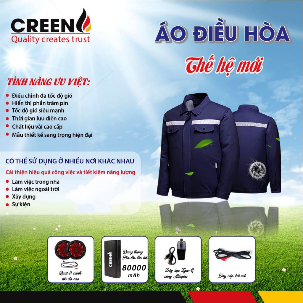 [TOP 1 ÁO ĐIỀU HÒA] Áo điều hòa Creen chống nóng, pin khủng 80000mAh, quạt không chổi than 18V - Hàng chính hãng