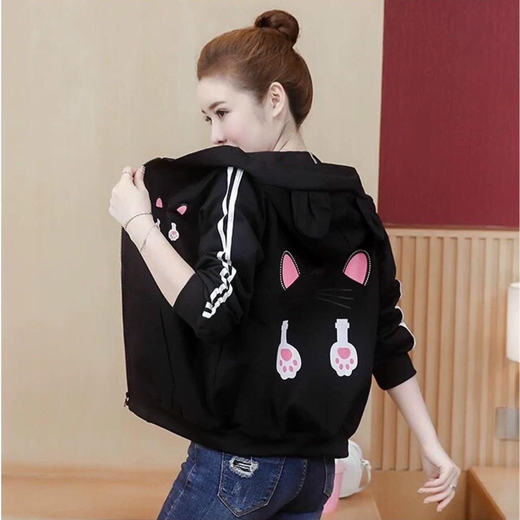 Áo khoác nữ hồng dù 2 lớp unisex - Hoodie có mũ nón bomber form rộng chống nắng mùa đông tai thỏ, tai mèo