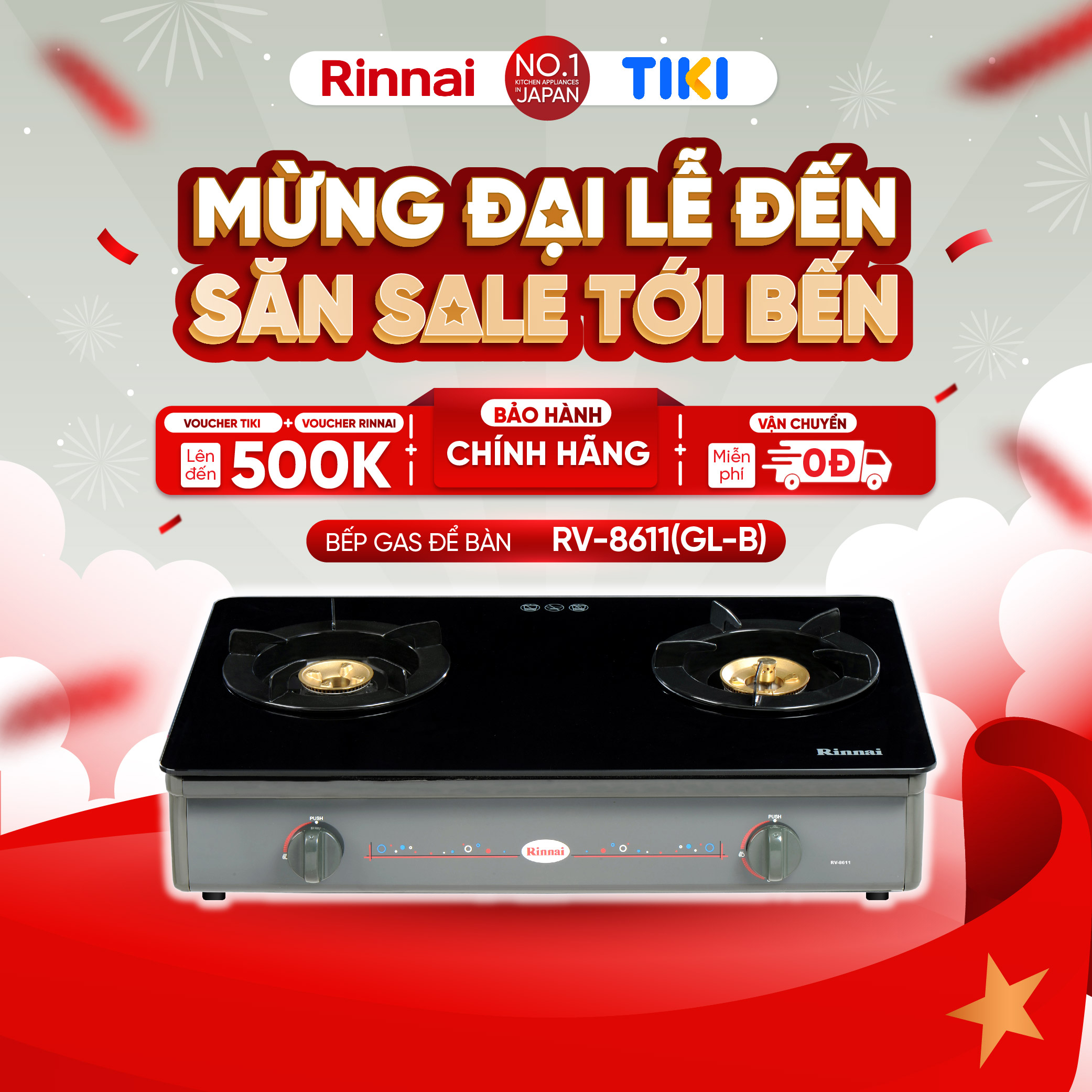 Bếp gas dương Rinnai RV-8611(GL-B) mặt bếp kính và kiềng bếp men - Hàng chính hãng.