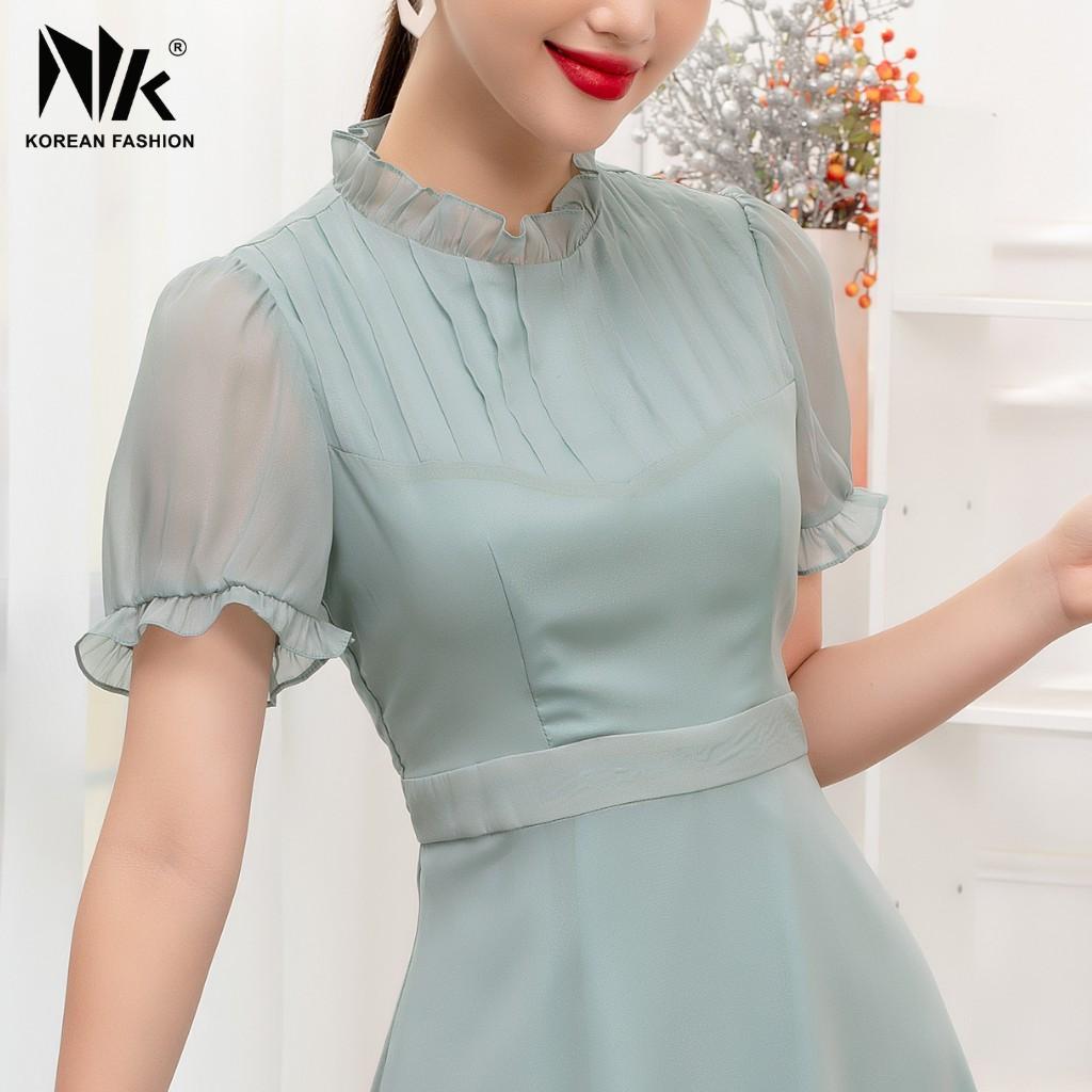 Váy Nữ Dáng Xoè NK FASHION Tay Bồng Xếp Ly Ngực, Chất Liệu Lụa Hàn Cao Cấp Chống Nhăn Xù NKDV2104042