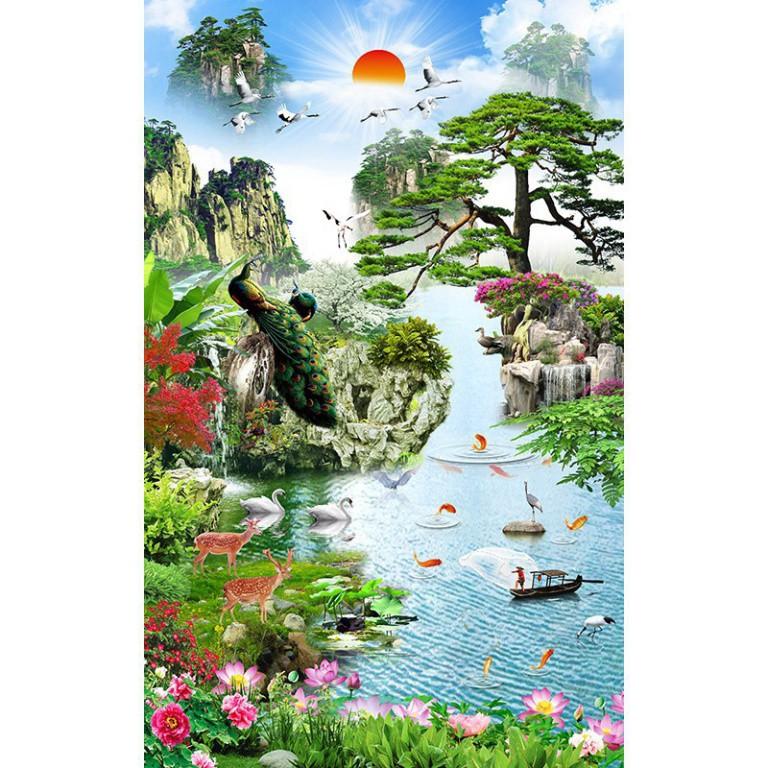 Tranh dán tường khổ dọc phong thủy sơn thủy hữu tình UD0383