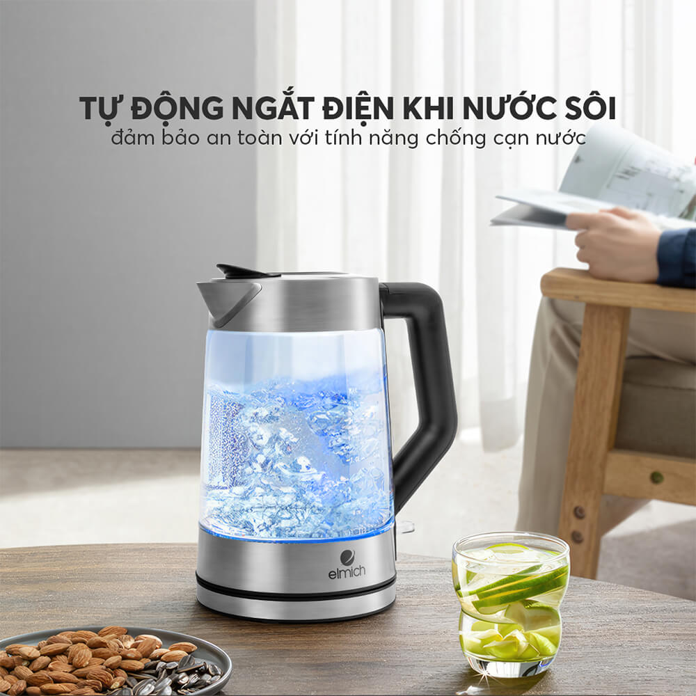 Ấm Đun Nước Siêu Tốc Thuỷ Tinh Elmich KEE-8458 1.7L 2200W, Hàng Chính Hãng, Đèn Led Cảm Biến-JoyMall
