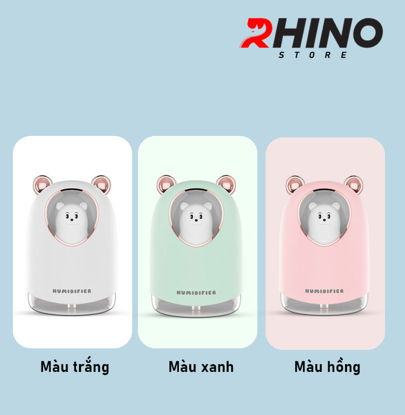 Máy phun sương tạo ẩm Rhino H904 dung tích 300ml, nhỏ gọn, không gây tiếng ồn, tích hợp đèn ngủ RGB nhiều màu - Hàng chính hãng