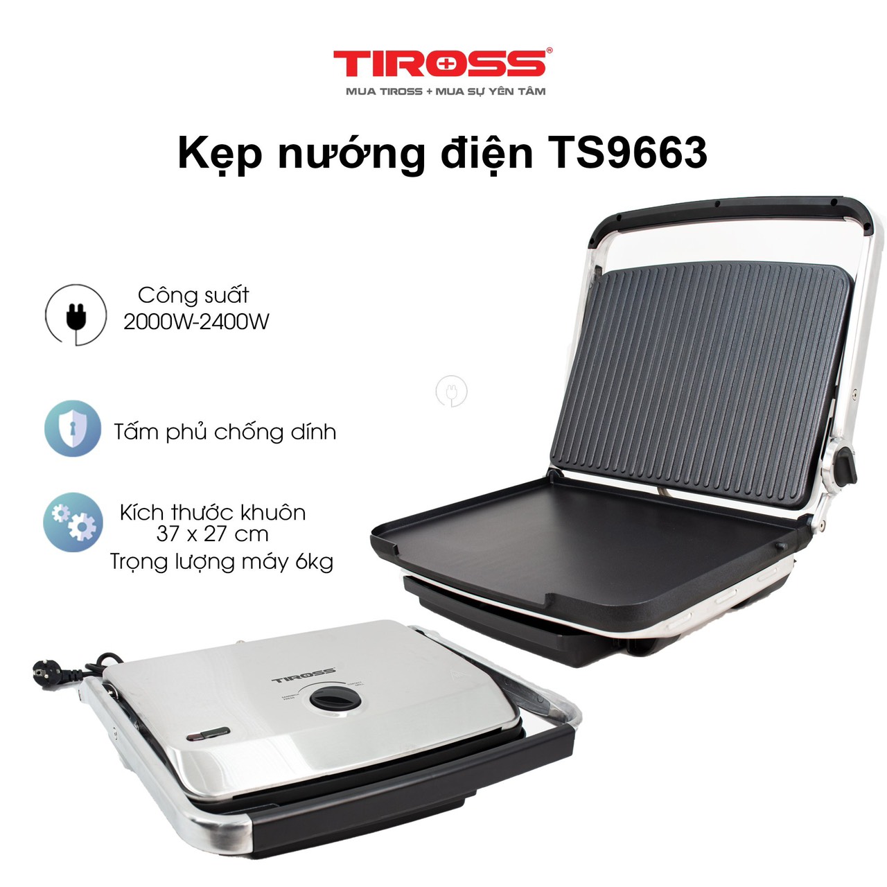 Kẹp nướng điện đa năng Tiross TS9663 Hàng chính hãng