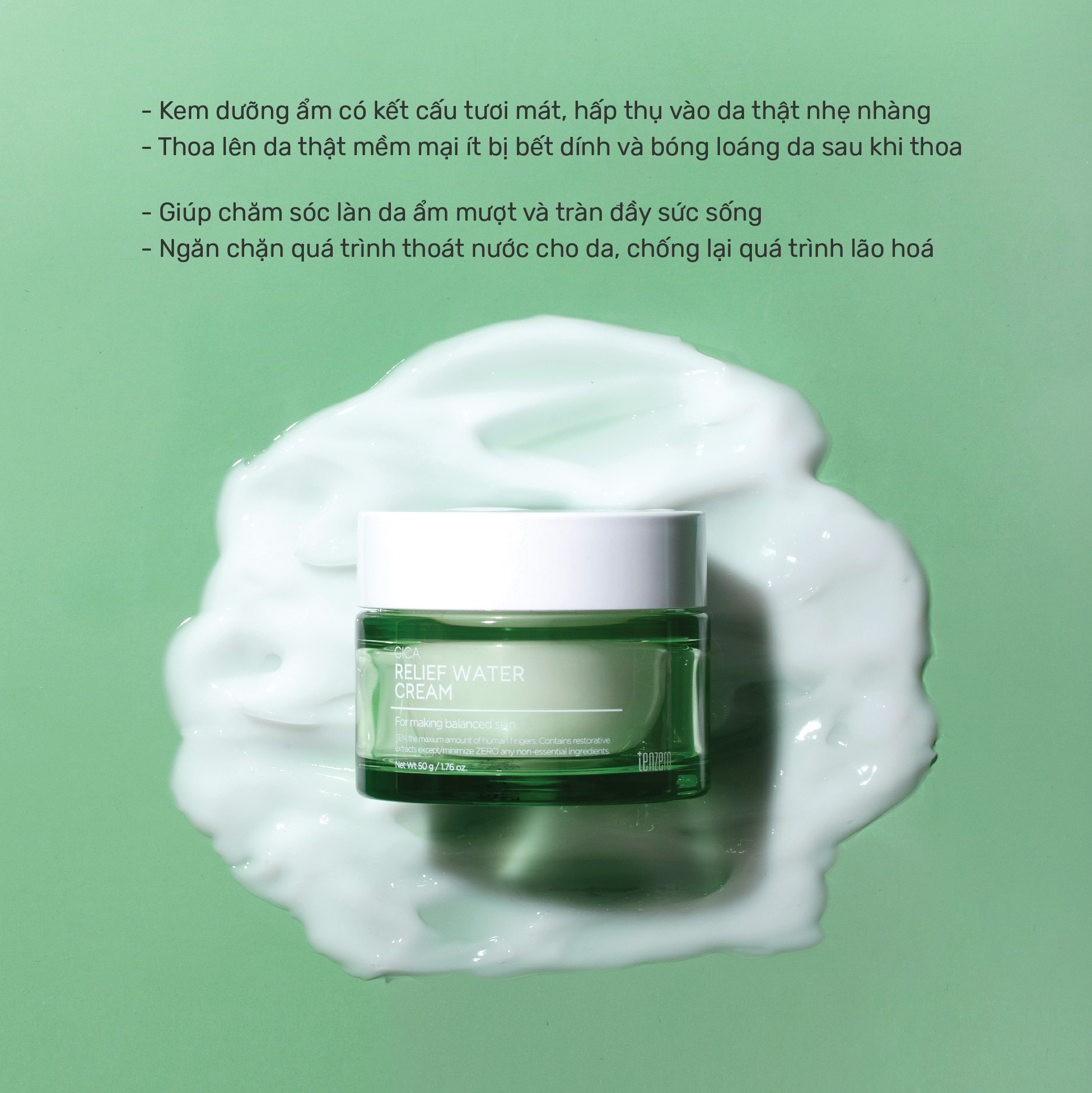 Kem Dưỡng Ẩm Làm Dịu Da, Phục Hồi Da Rau Má Tenzero Cica Relief Water Cream 50g