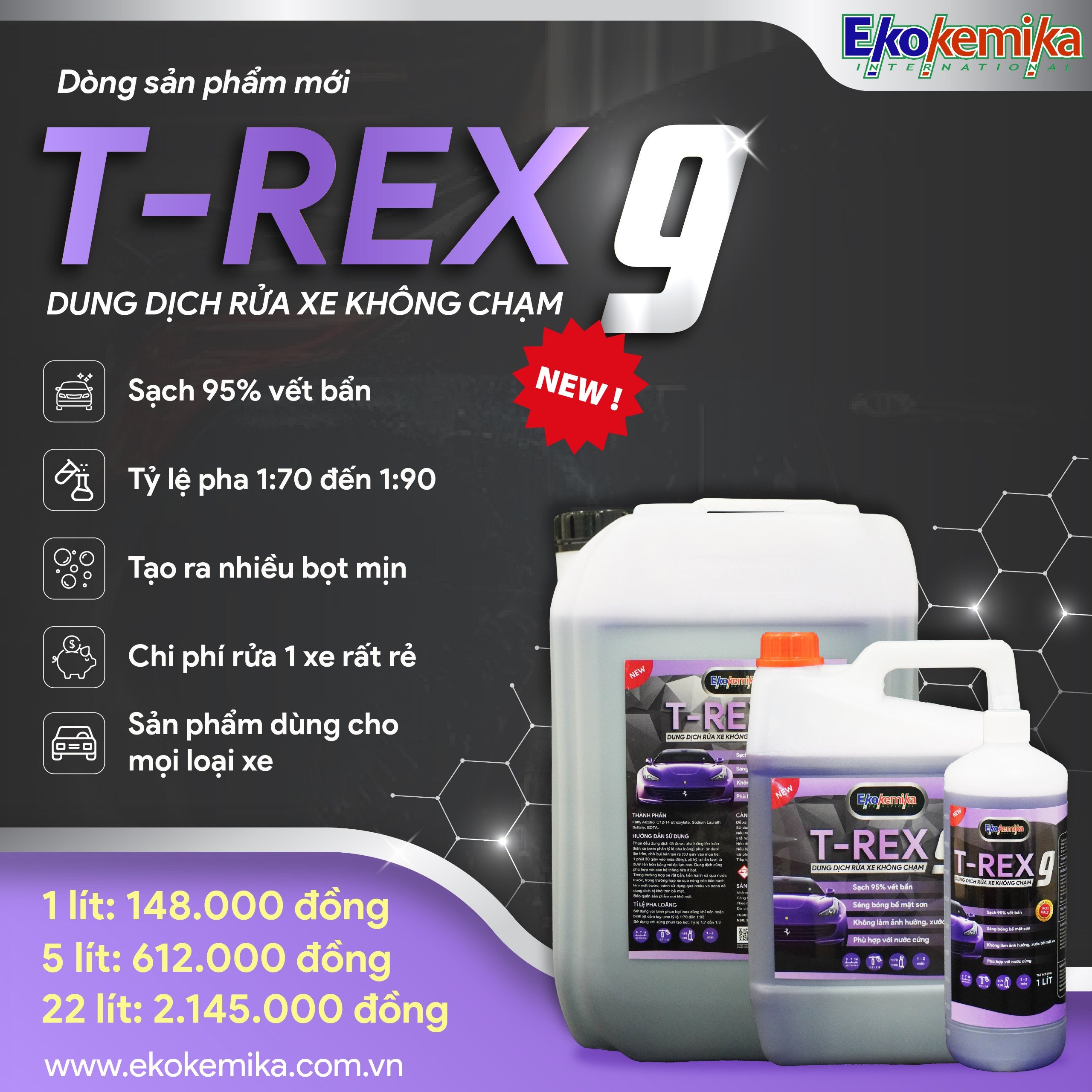 DUNG DỊCH RỬA XE MÁY Ô TÔ KHÔNG CHẠM EKOKEMIKA TREX-9 -1L